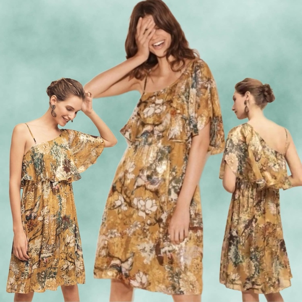 hemant & nandita x anthro • blooming silk metallic ruffle dress s